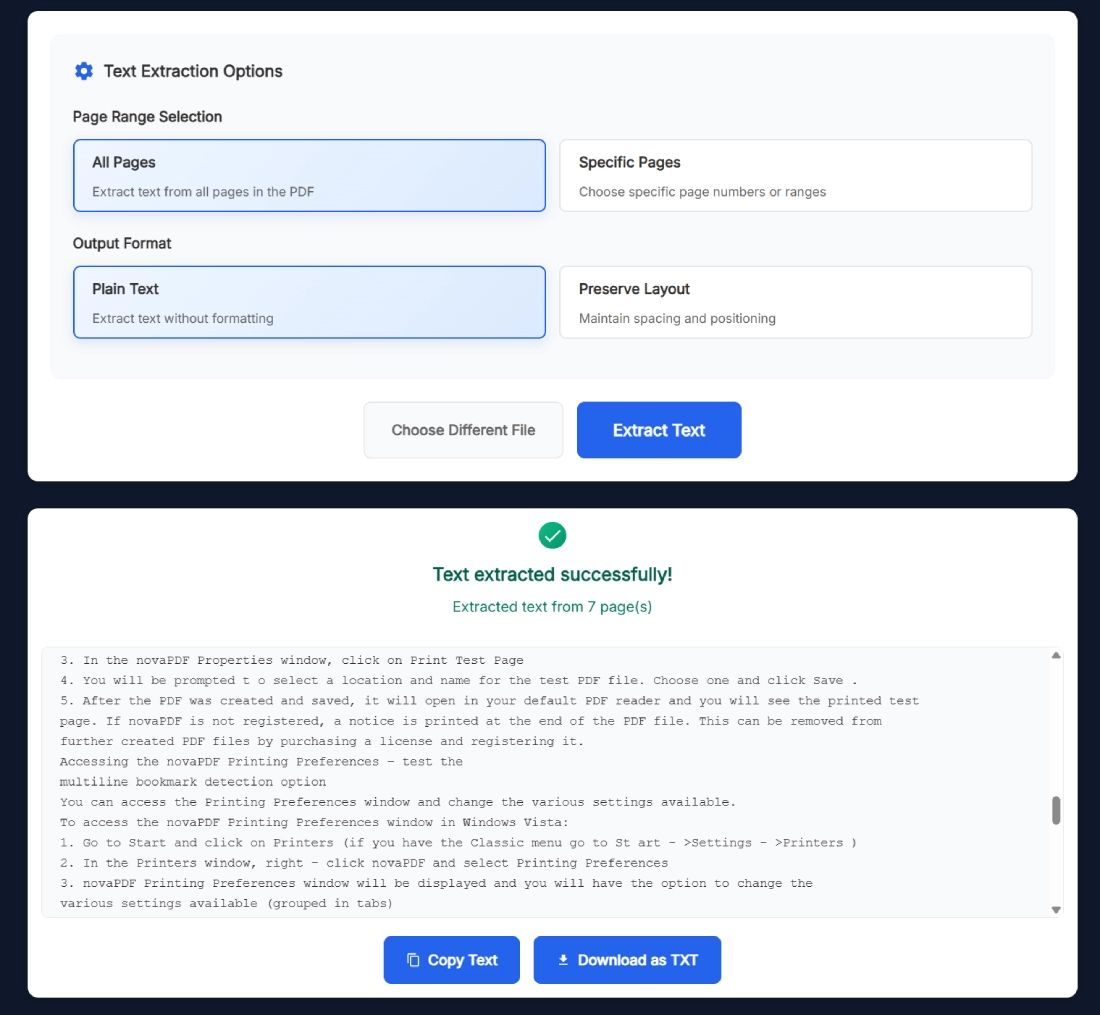 Screenshot showing the Extract Text from PDF Online Free tool interface on SanishTech with options for page range, output format, and extracted text preview.