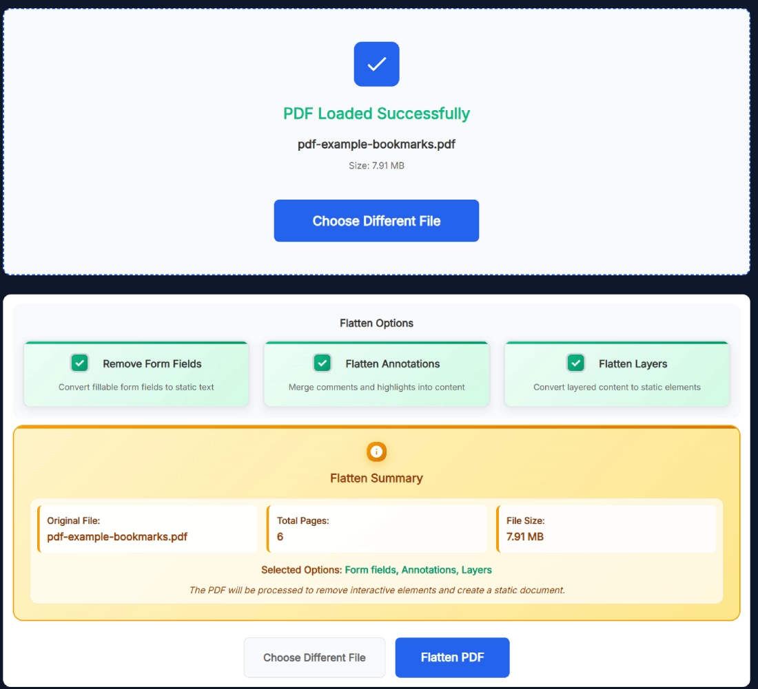 Flatten PDF Online Free tool interface showing PDF upload, flatten options, and success message on SanishTech website