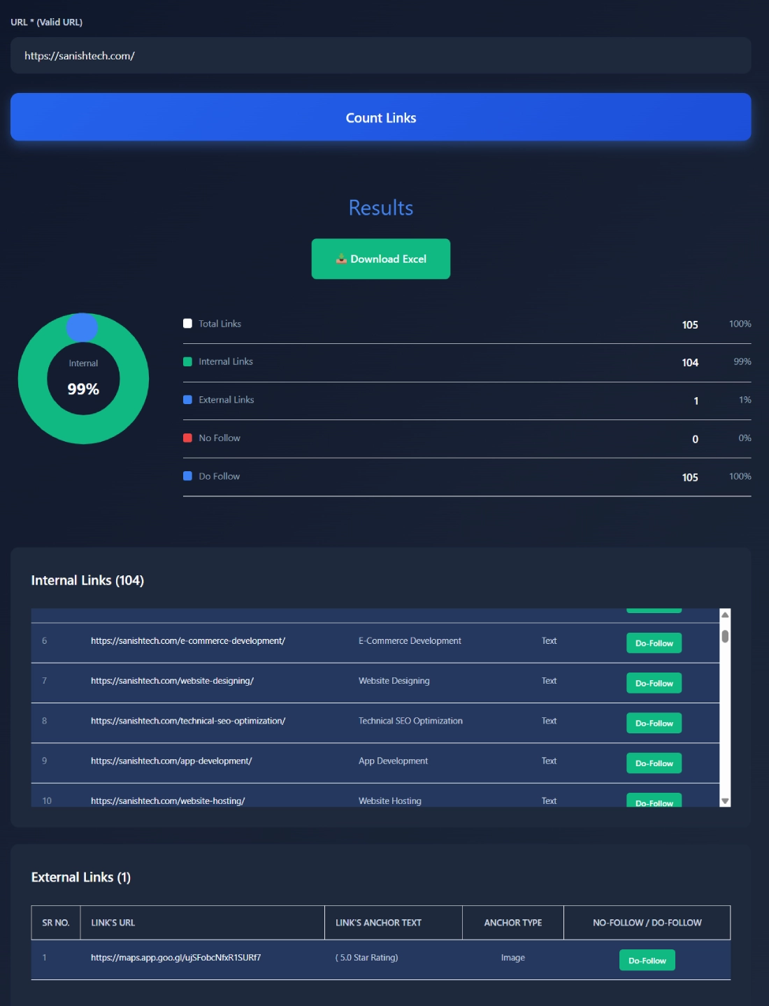 Screenshot of free internal link checker tool showing total links, internal and external link ratio, and Excel download option.