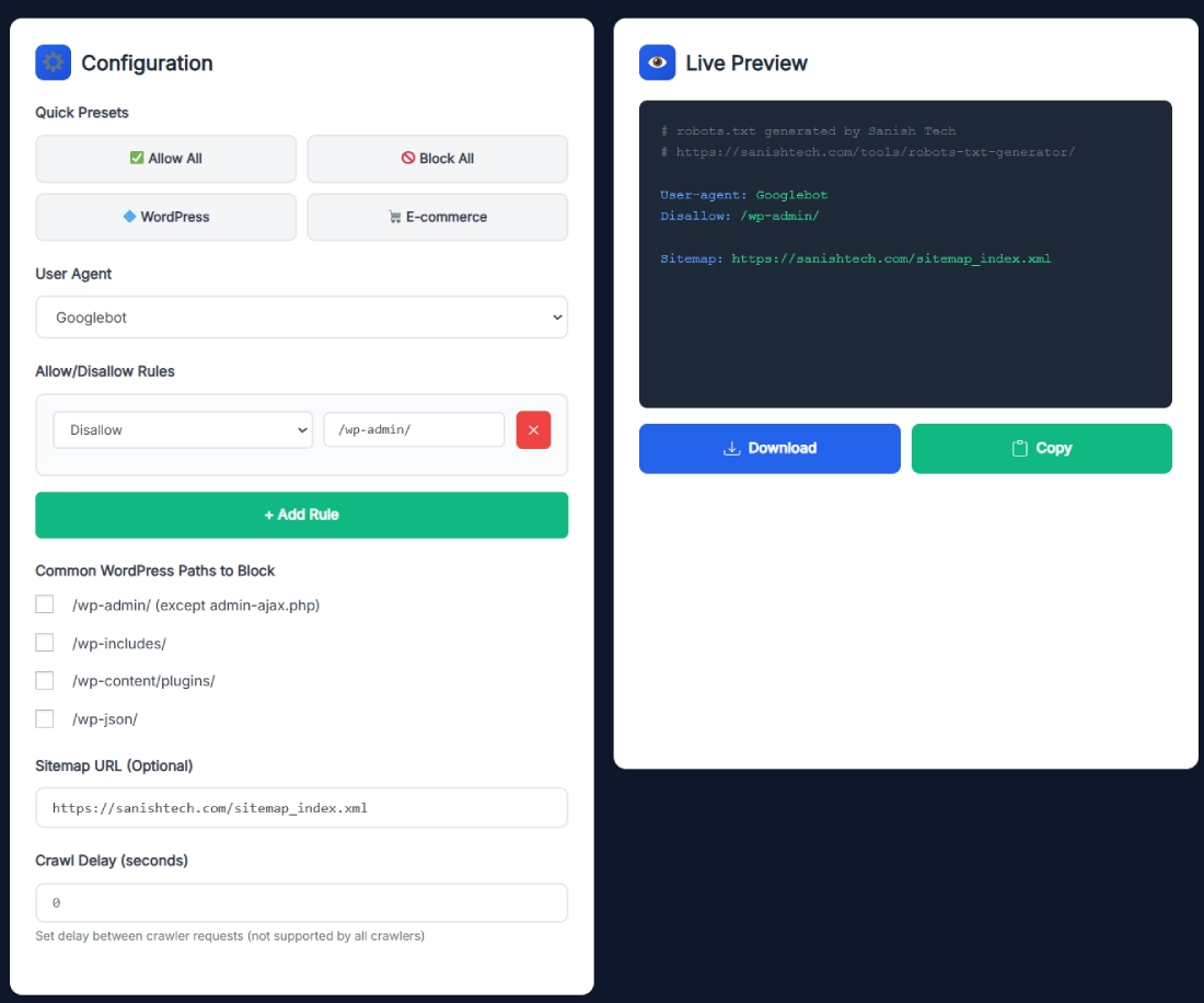 Screenshot of Free Robots.txt Generator Online showing configuration panel, sitemap URL input, and live preview output for SEO optimization.