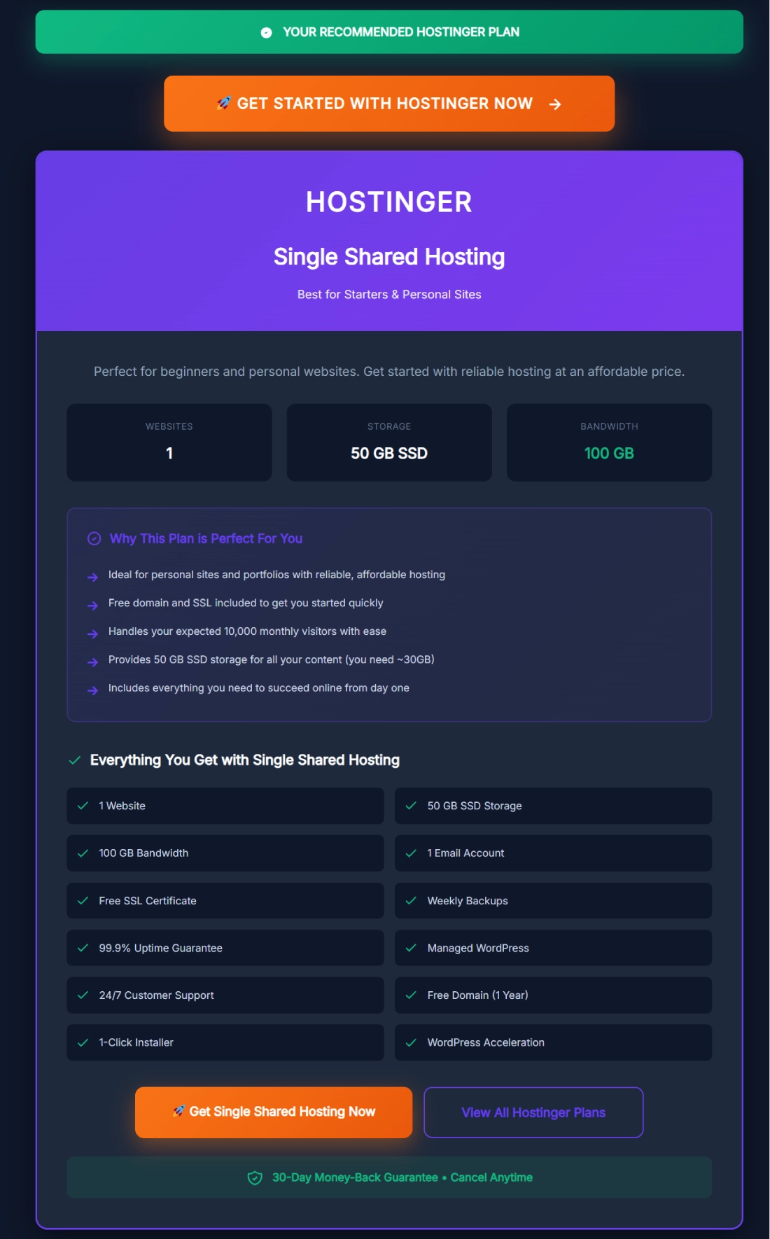 Hostinger Single Shared Hosting plan details shown in Website Cost Calculator result card with features like 50 GB SSD storage, 100 GB bandwidth, free SSL, and one-click installer.