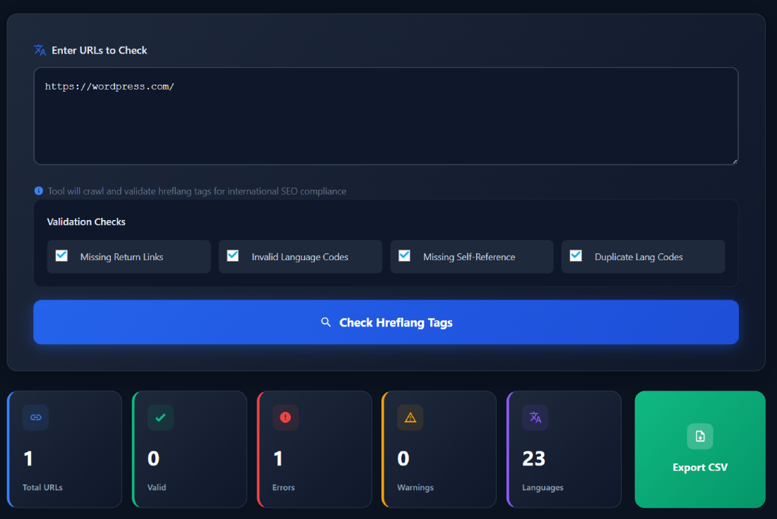 Hreflang Tag Checker tool interface showing URL input, validation options, and hreflang tag results with export CSV feature