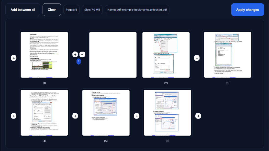 Insert Blank Page into PDF tool interface showing page thumbnails and add buttons