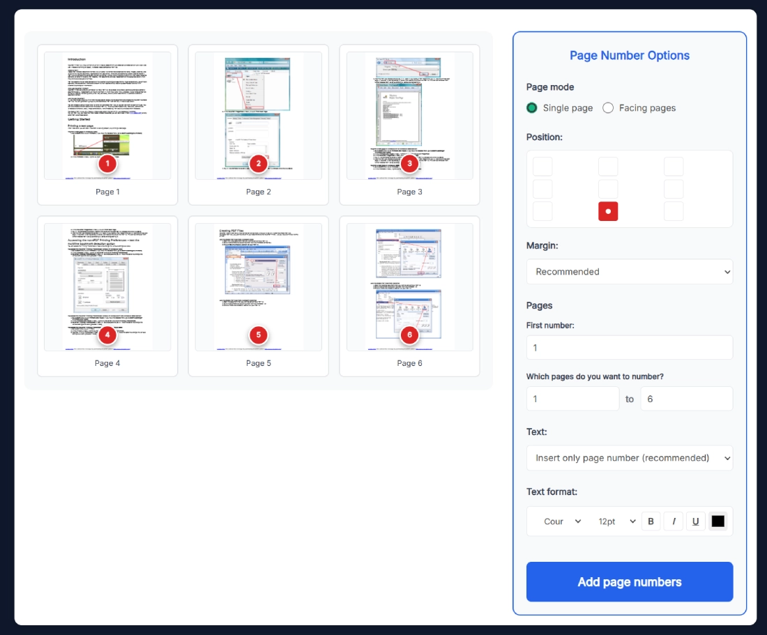 Screenshot of Number PDF Pages Online tool showing thumbnail previews with numbered badges and the Page Number Options panel with Single page mode, 3x3 position grid, margin preset, first number, page range, text format controls, and Add page numbers button.