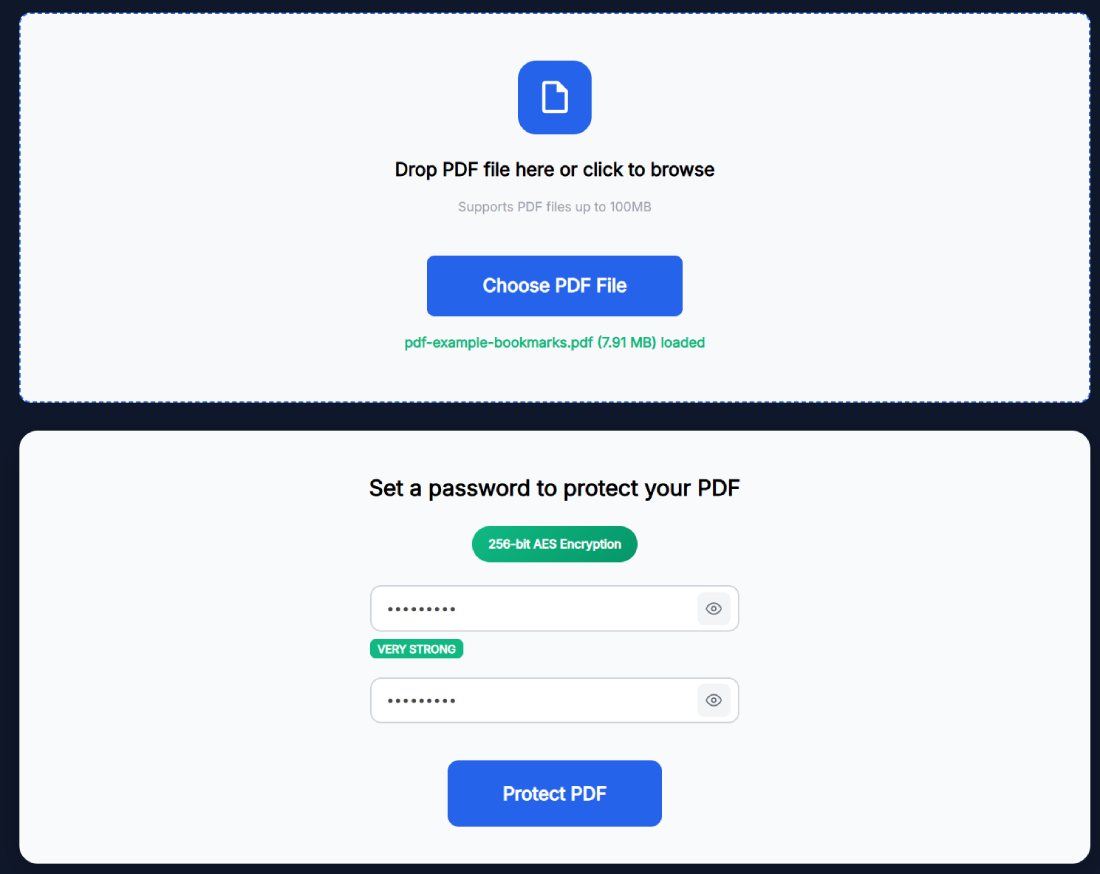 Interface of Protect PDF With Password Online Free tool showing file upload, password input fields, and 256-bit AES encryption option on SanishTech