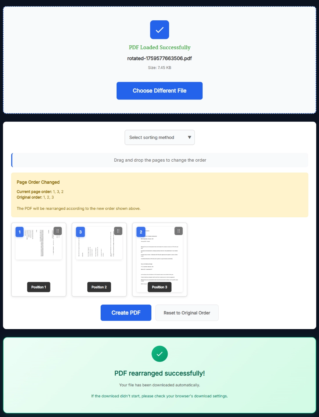 Rearrange PDF pages online free tool interface showing drag and drop page thumbnails for reordering
