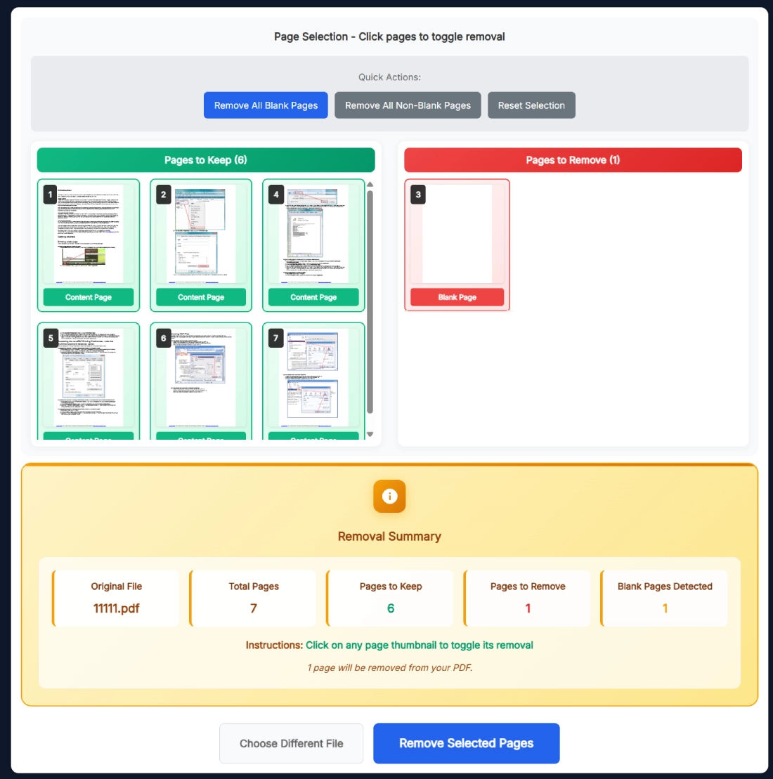 Interface of Remove Blank Pages from PDF Online Free tool showing uploaded PDF, page preview, and removal summary section.