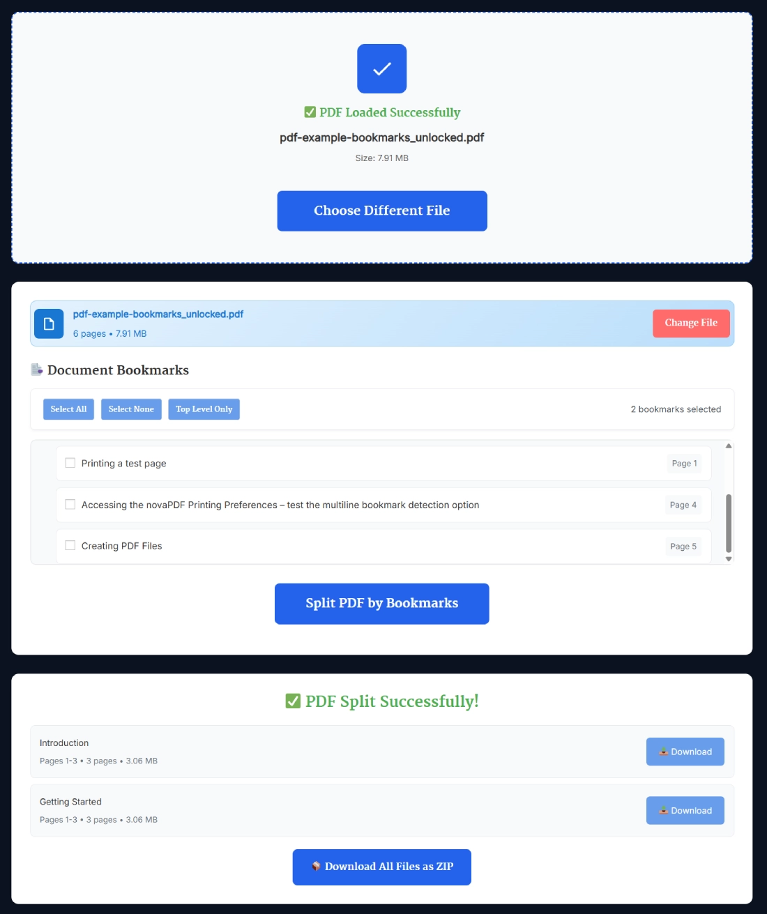 Screenshot of Split PDF by Bookmarks Online Free tool showing document bookmarks and Split PDF by Bookmarks button