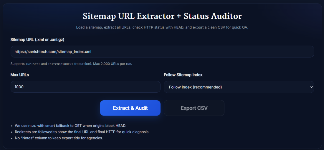 XML Sitemap URL Extractor tool showing Extract & Audit button, URL list with HTTP codes, LastMod dates, and Export CSV option