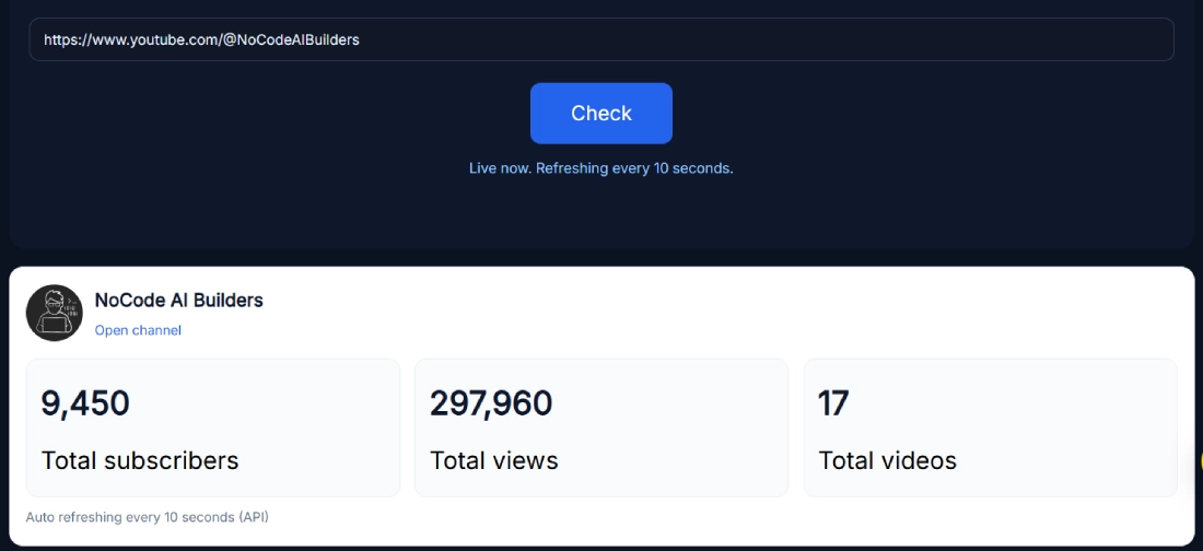 Screenshot of YouTube Subscriber Live Count tool showing live subscribers, views, and videos