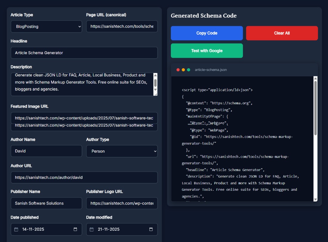 Article Schema Generator tool interface showing input fields for headline, description, author details, and live JSON-LD output preview