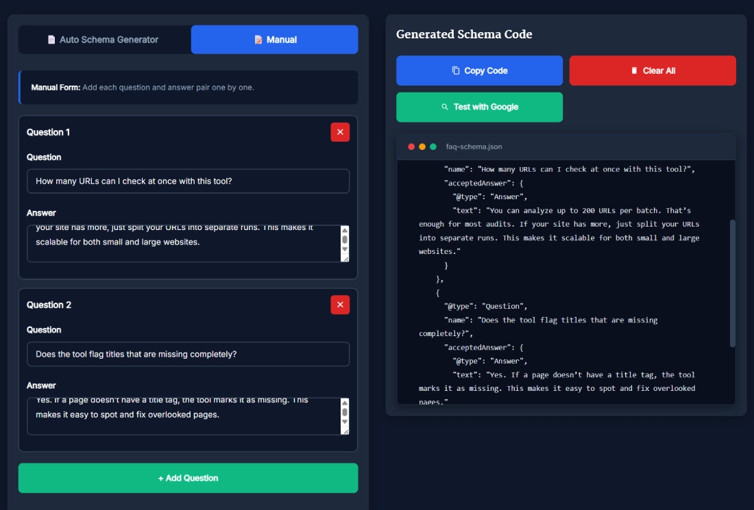Screenshot of the SanishTech FAQ Schema Markup Generator in manual mode showing question and answer input fields with generated JSON-LD schema code preview and Google testing option.