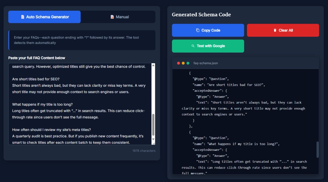 Screenshot of the SanishTech FAQ Schema Markup Generator tool showing auto and manual schema generation interface with Google rich result testing option.