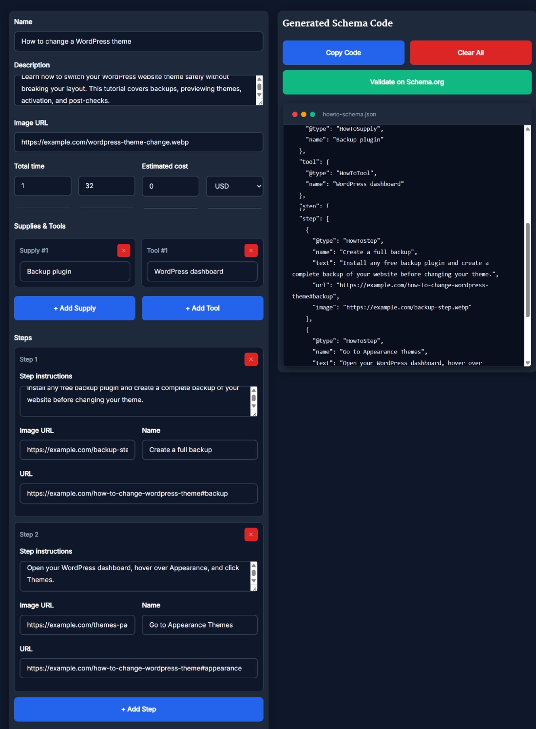 Screenshot of the HowTo Schema Generator tool showing fields for steps, supplies, tools, total time, cost, and the generated JSON LD code preview.