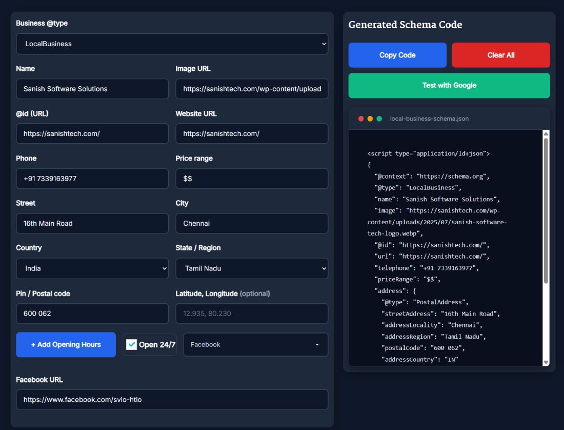 Screenshot of the Local Business Schema Generator tool showing business details, address fields, opening hours, social profile options, and the generated LocalBusiness JSON LD code.