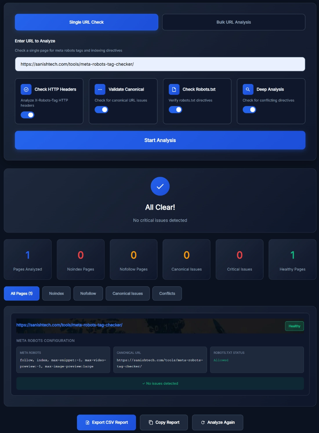 Meta Robots Tag Checker tool interface showing single URL analysis with noindex, nofollow, and canonical validation results, displaying all clear status