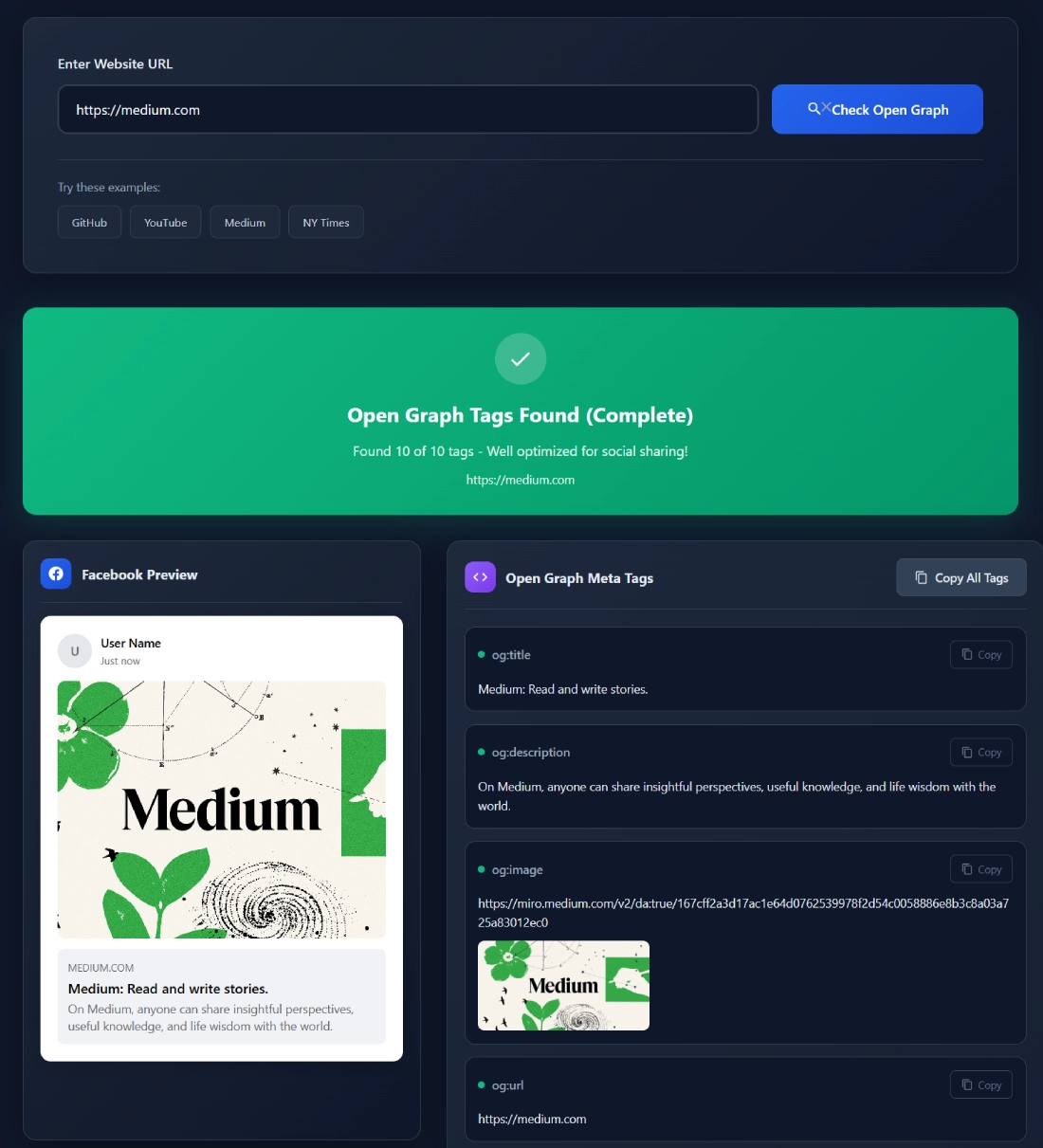 Screenshot of SanishTech Open Graph Checker tool showing complete Open Graph tags and Facebook preview for Medium.com