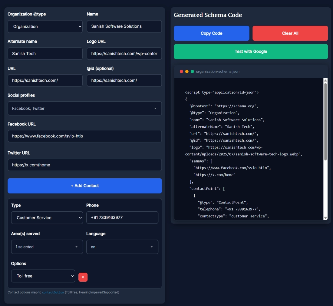 Organization Schema Generator tool interface showing fields for organization details, social profiles, and generated JSON LD code.