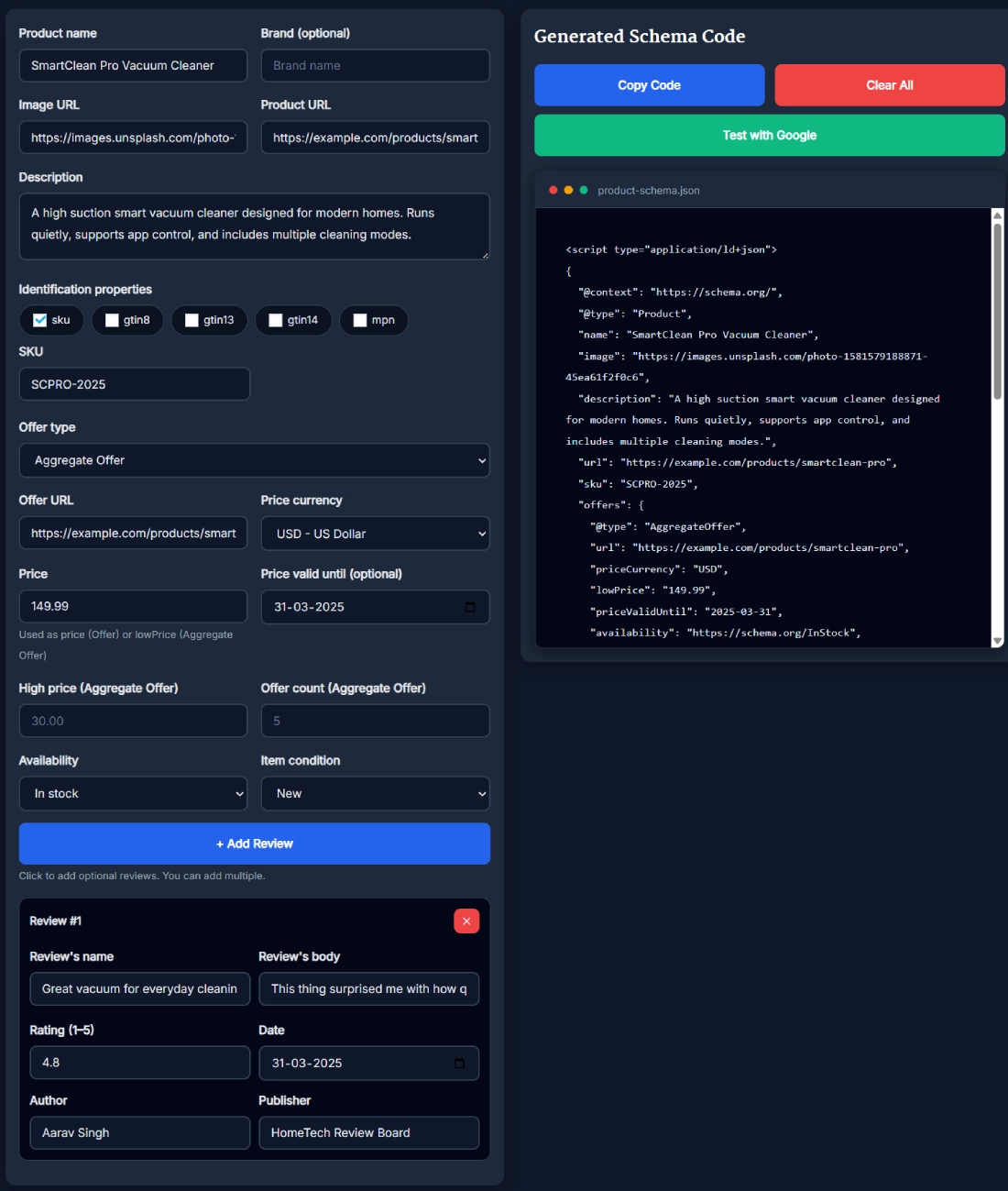 Product Schema Generator tool interface showing fields for product details, pricing, offers, and generated JSON-LD schema preview.