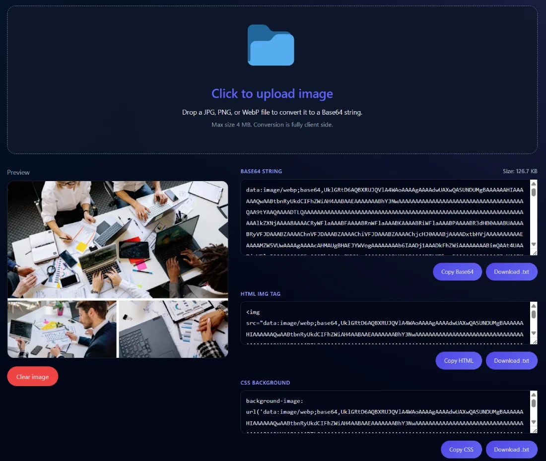 Team of developers working on laptops converting images to Base64 code using SanishTech Image to Base64 Converter