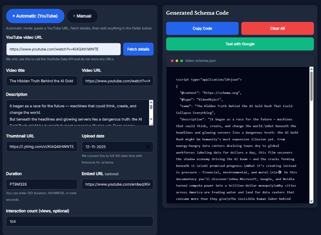 Screenshot showing the Video Schema Generator automatically fetching YouTube video details and generating VideoObject JSON LD schema.