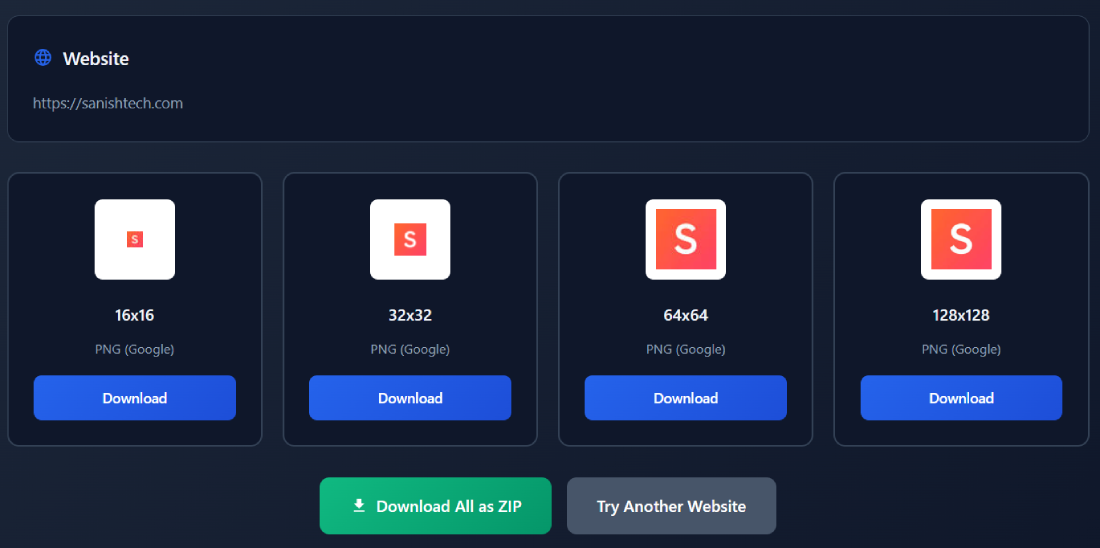 Website Favicon Downloader tool showing extracted favicon sizes for sanishtech.com