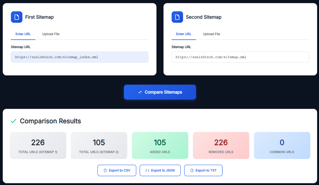 Screenshot of XML Sitemap Comparison Tool by SanishTech showing comparison results, added and removed URLs, and export options.