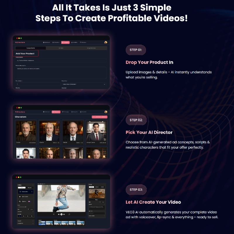 Three-step process in AIDirectors showing product upload, AI director selection, and automated video creation