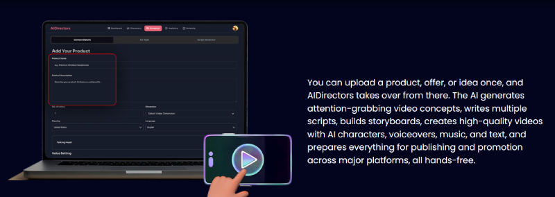 AIDirectors dashboard showing how users upload a product and generate AI-powered video content automatically