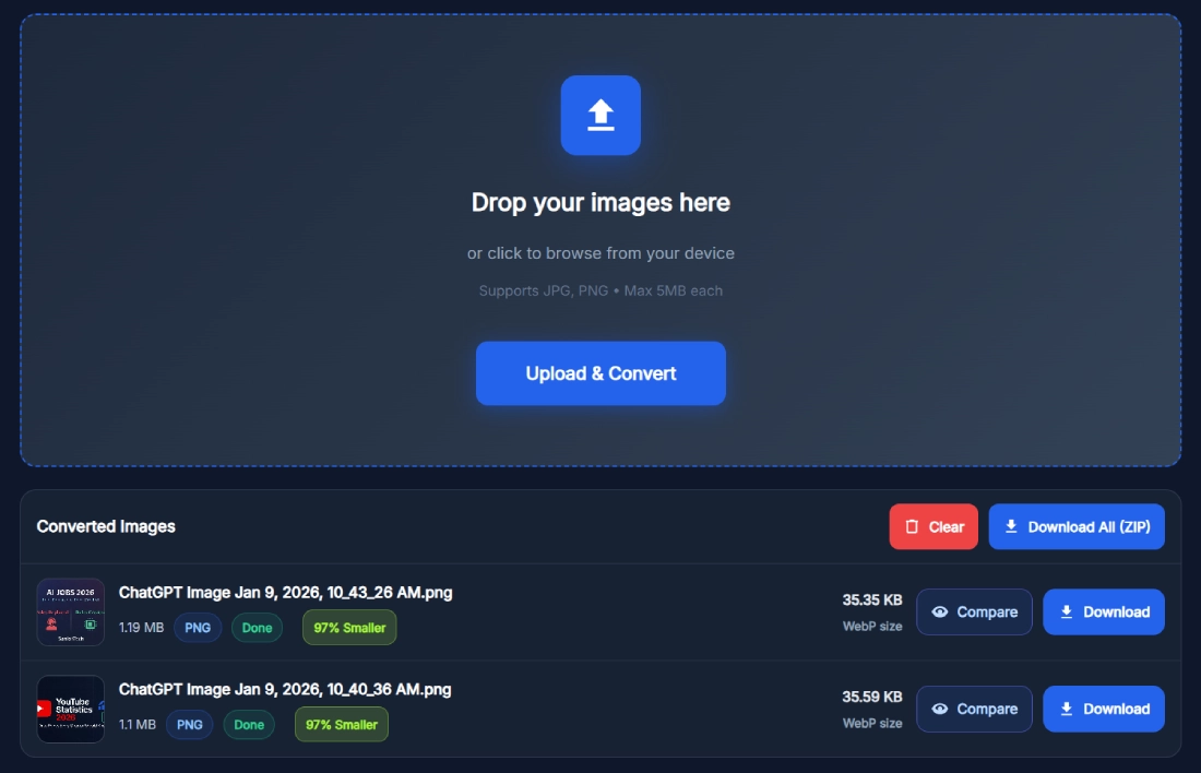 Image to WebP Converter tool for converting JPG and PNG images into WebP online