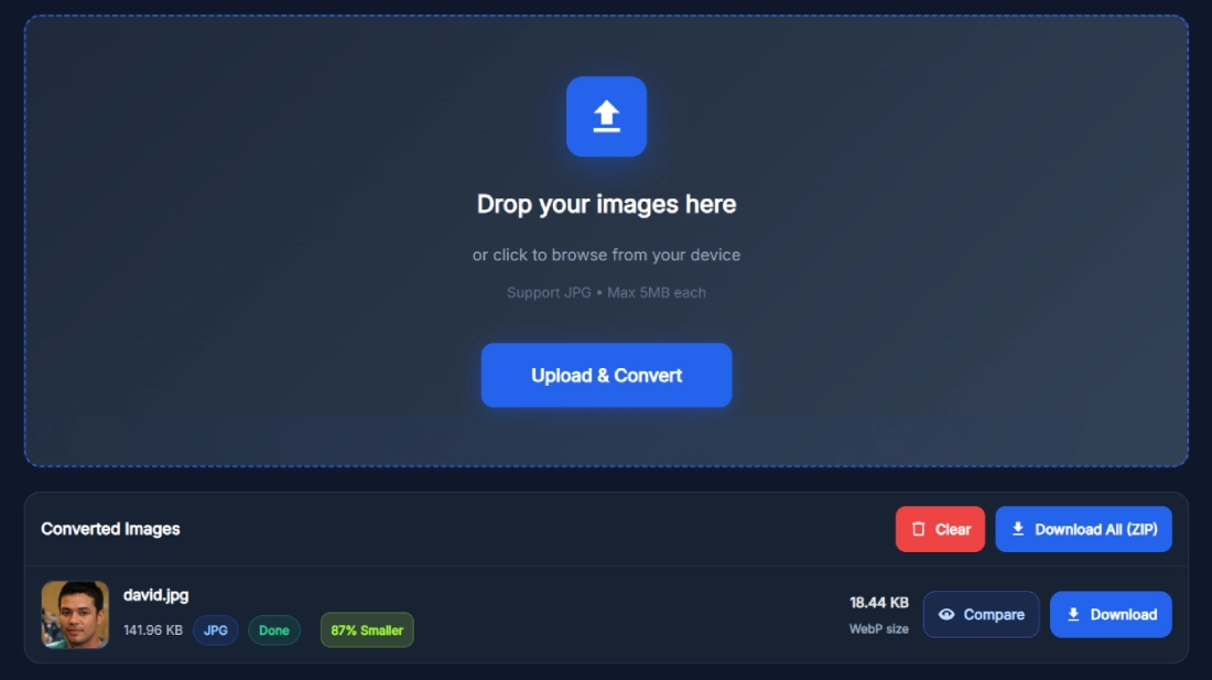 JPG to WebP converter showing image upload area and converted WebP file with reduced size preview