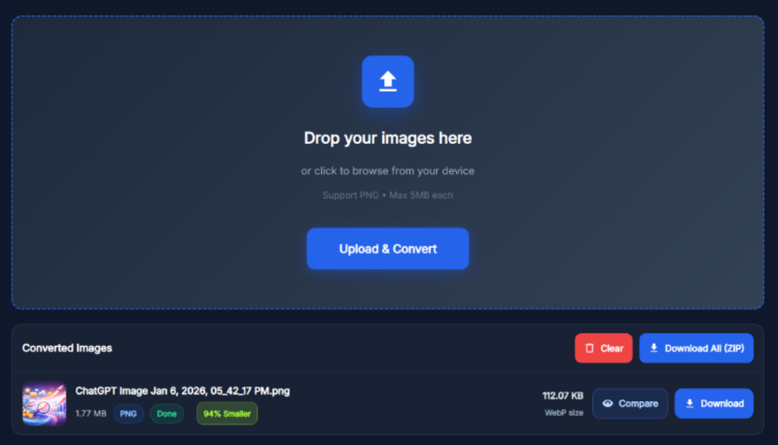 PNG to WebP converter showing image upload area and converted WebP file with reduced size preview
