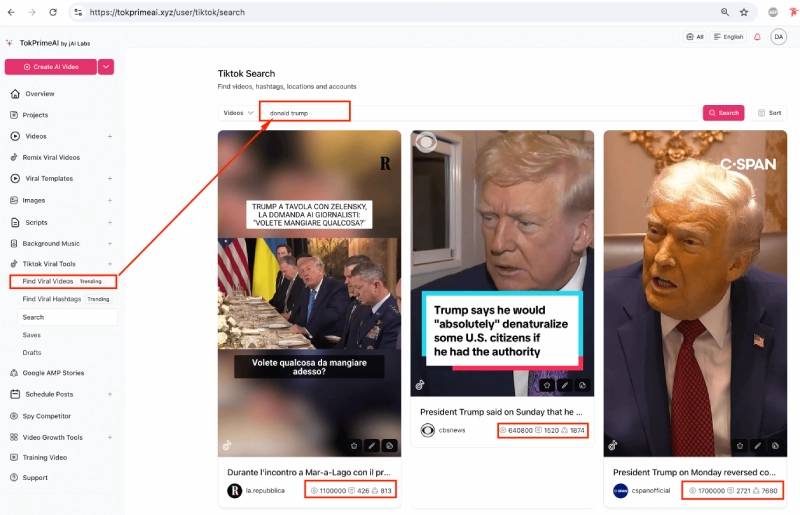 TokPrime AI viral video finder dashboard showing TikTok search results, trending videos, and engagement metrics