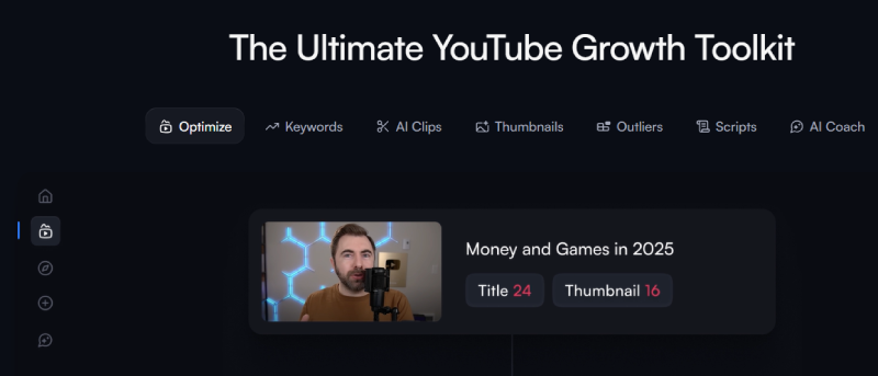 vidIQ YouTube growth toolkit showing AI optimization, keywords, thumbnails, and scripts