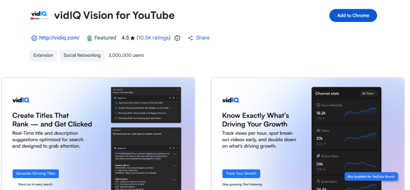 vidIQ Vision for YouTube Chrome extension page on the Chrome Web Store