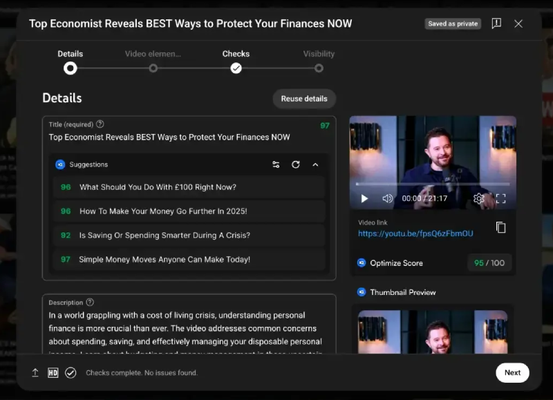 vidIQ showing YouTube video title optimization score and keyword suggestions