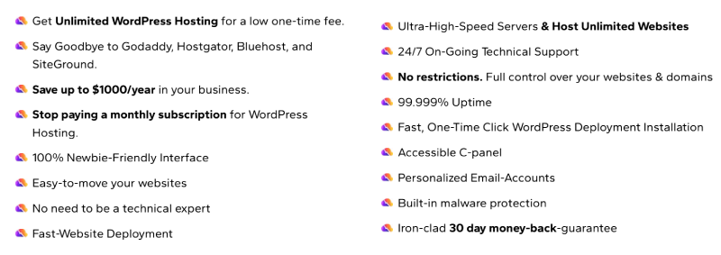 WP ProHost features showing one-time unlimited WordPress hosting, fast servers, SSL, backups and support