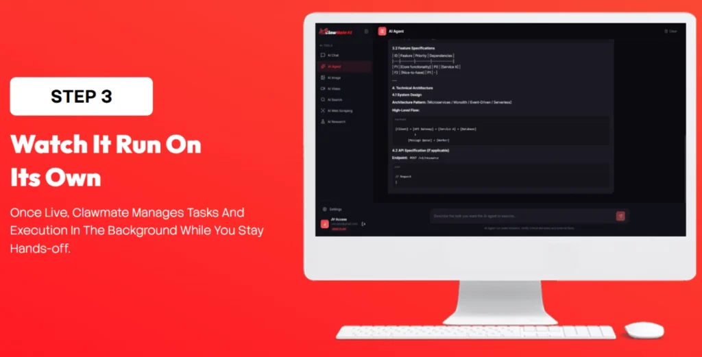 ClawMate AI step 3 screen showing autonomous agent running tasks and managing execution in the background hands free