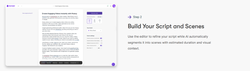 Pictory AI Build Your Script and Scenes interface showing AI scene segmentation, duration options, and generate video settings