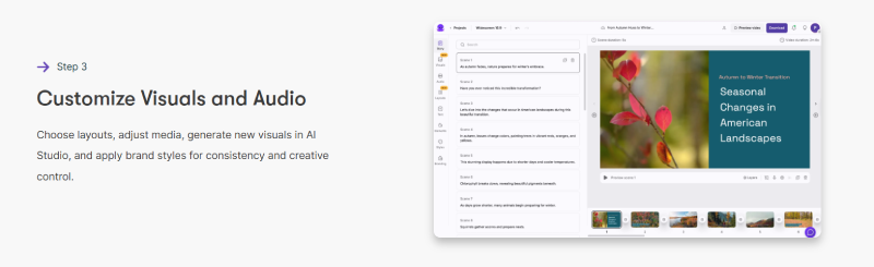 Pictory AI editor interface showing Customize Visuals and Audio step with layout selection, scene preview, and branding options