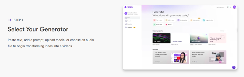 Pictory AI dashboard showing Select Your Generator step for creating videos from text, URL, audio, or images