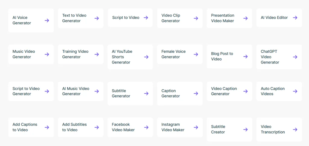 Pictory AI tools dashboard showing AI Voice Generator, Text to Video Generator, Script to Video, Subtitle Generator, and video creation features