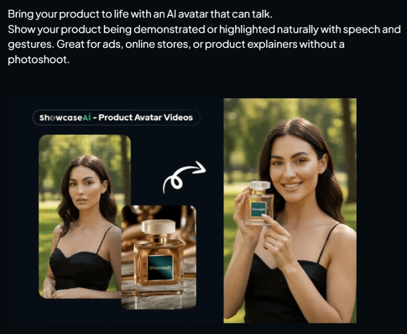 ShowcaseAI product avatar video example showing an AI presenter demonstrating a product naturally