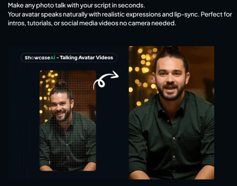 ShowcaseAI talking avatar video example showing a photo transformed into a realistic AI speaking avatar